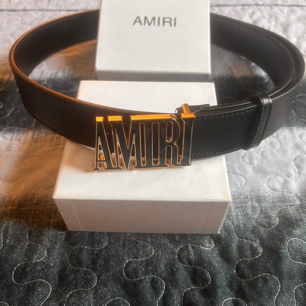 AMIRI Black Belt with Gold Logo Buckle